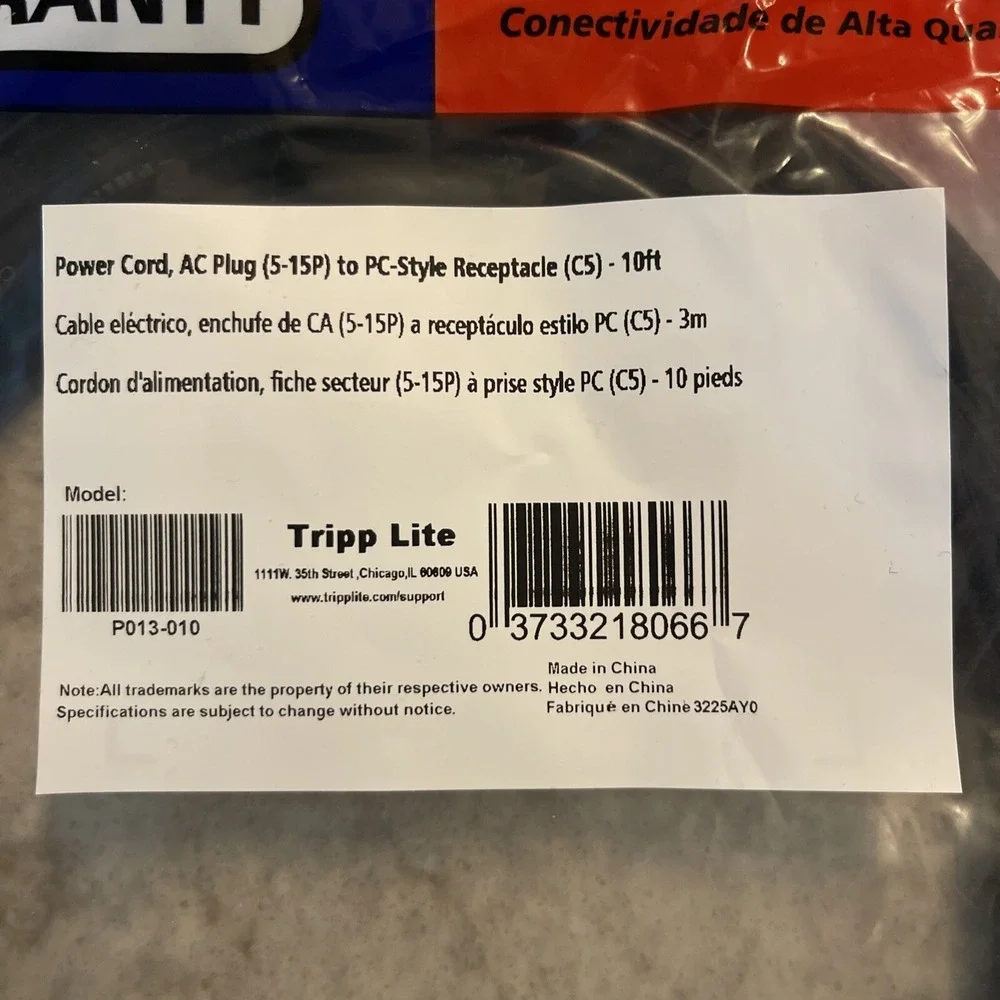 Tripp Lite P013-010 Laptop Power Cord 10ft AC Plug 5-15P PC Style Receptacle C5